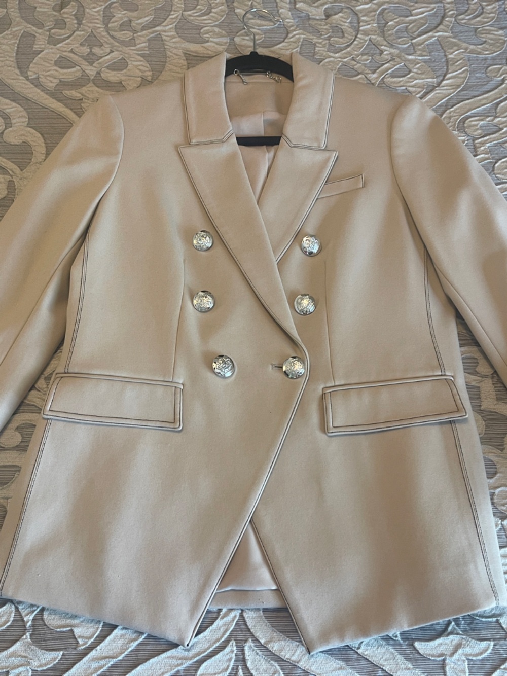 T Tahari Cream Double-Breasted Blazer with Rhinestone Buttons
